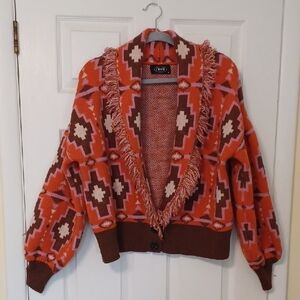 Cider Sz XL, Geometric Navahoe Print Orange and Brown Jacket/cardigan. NWOT